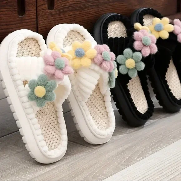 BRAND NEW SLIP-ON FLORAL SLIPPERS, White with Colorful Flowers, Very Cozy - Picture 2 of 5